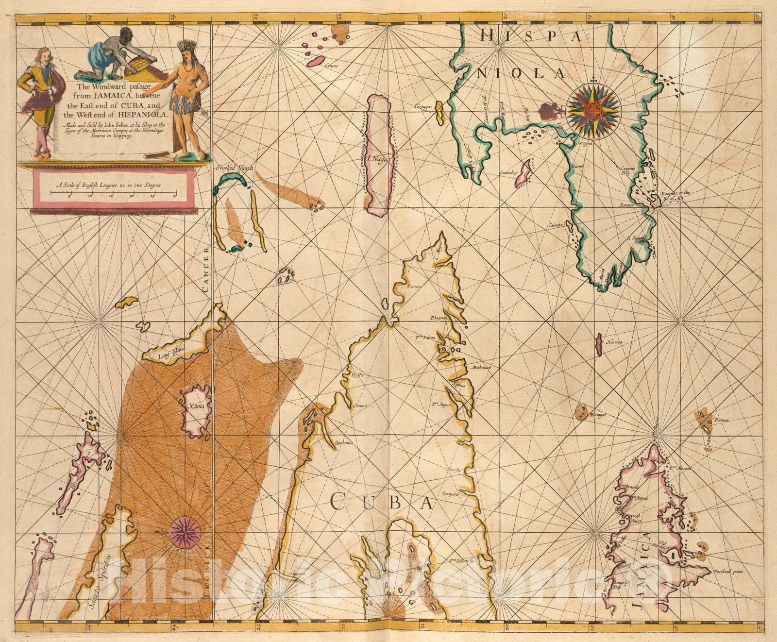 Historical Map, 1672 The Windward Passage from Jamaica, betwene The East end of Cuba, and The west end of Hispaniola, Vintage Wall Art