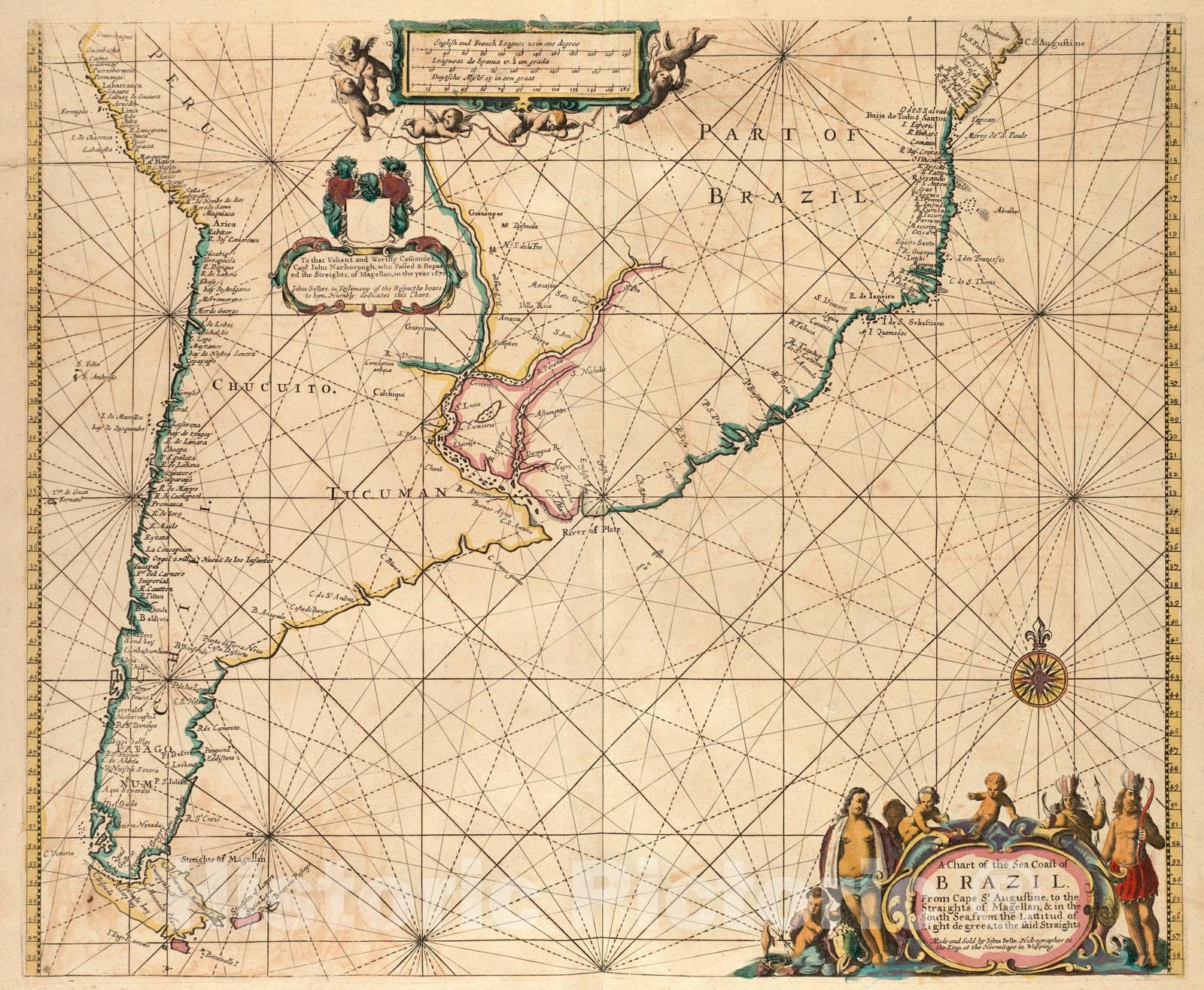 Historical Map, 1672 A chart of the sea coast of Brazil from Cape St. Augustine to the straights of Magellan, in the South Sea, Vintage Wall Art