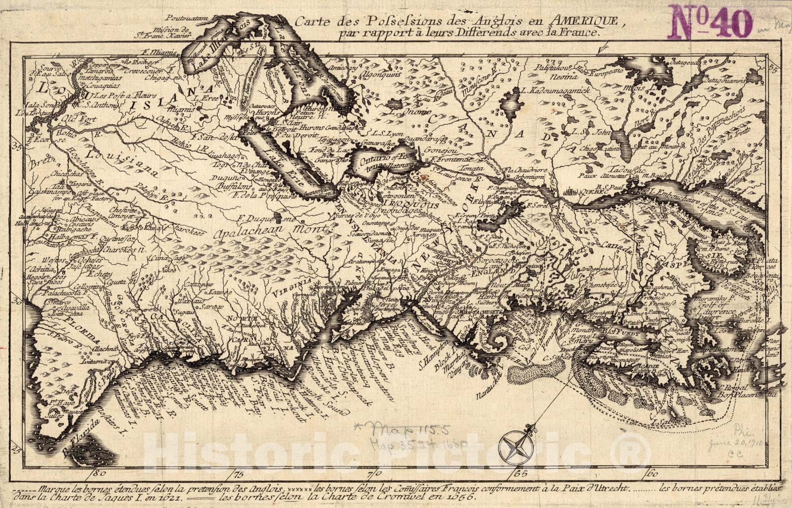 Historical Map, 1759 Carte des Possessions des Anglois en Amerique, par Rapport a leurs differends avec la France, Vintage Wall Art