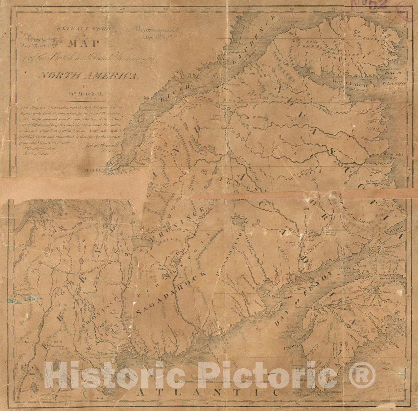 Historical Map, 1755 Extract from a map of the British and French dominions in North America, Vintage Wall Art