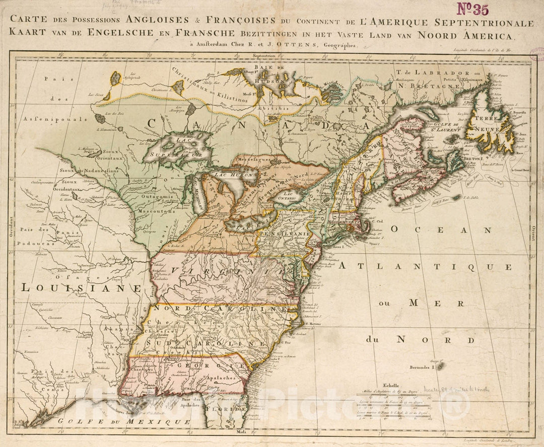 Historical Map, 1755 Carte des possessions angloises & francoises du continent de l'Amerique septentrionale = Kaart van de Engelsche en Fransche bezittingen, Vintage Wall Art