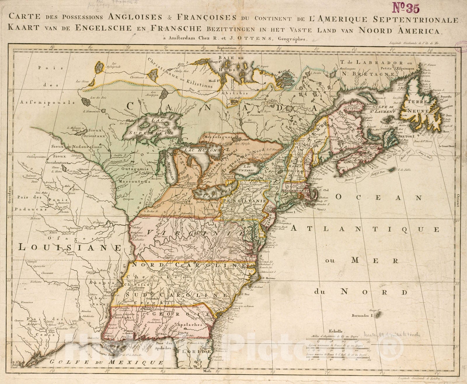 Historical Map, 1755 Carte des possessions angloises & francoises du continent de l'Amerique septentrionale = Kaart van de Engelsche en Fransche bezittingen, Vintage Wall Art