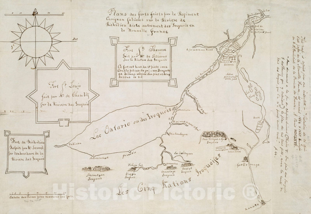 Historical Map, 1884 Plans des forts faicts par le Regiment Carignan Salieres sur la Riviere de Richilieu dicte autrement des Iroquois en la Nouvelle France, Vintage Wall Art