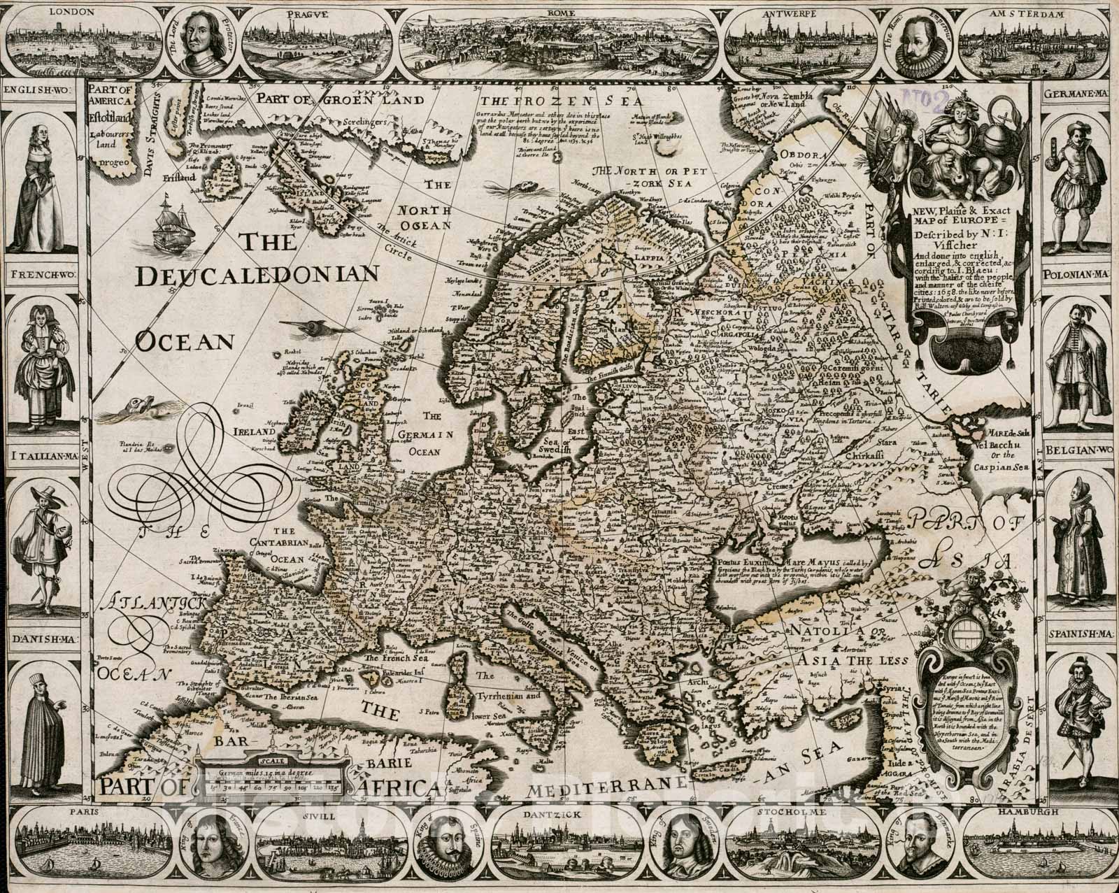 Historical Map, A New, Plaine & Exact map of Europe : described by N.I. Visscher and Done into English, Enlarged & Corrected According to I. Blaeu, Vintage Wall Art