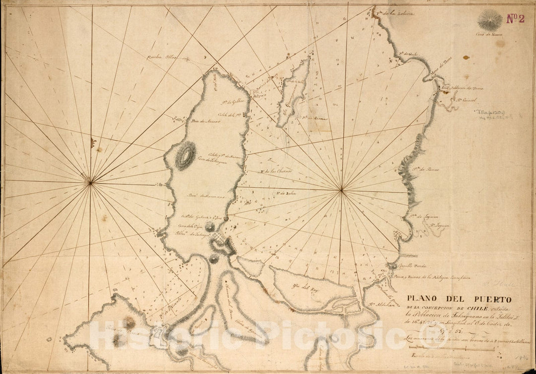 Historical Map, 1810-1819 Plano del Puerto de la Concepcion de Chile : citu[a]da la Poblacion de Talcaguano en la latitud S. de 36aÂ°,42',28' y en longitud al O' de cadiz de 67aÂ°,2',53', Reprint