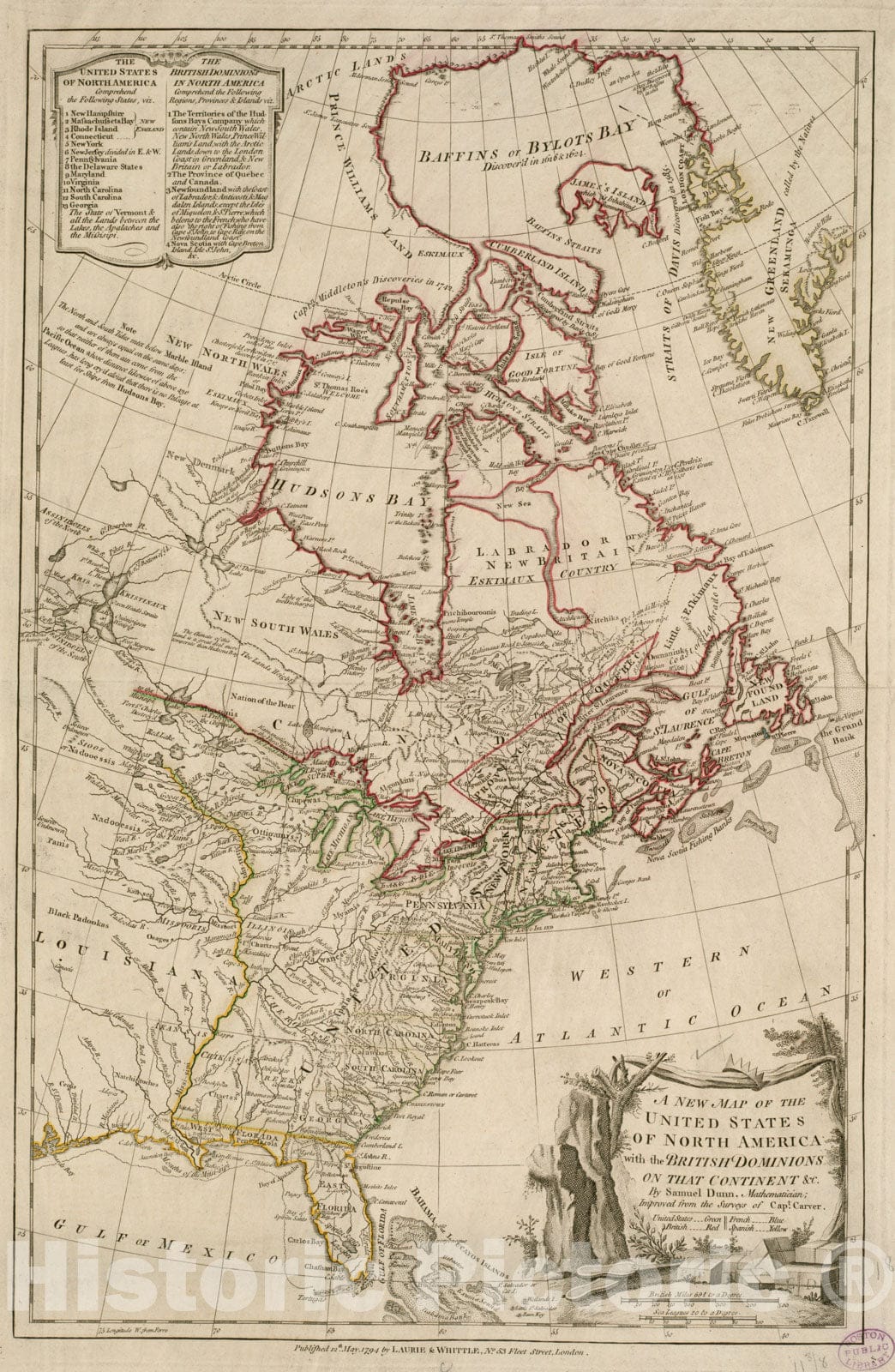 Historical Map, 1794 A New map of The United States of North America with The British dominions on That Continent et Cetera, Vintage Wall Art