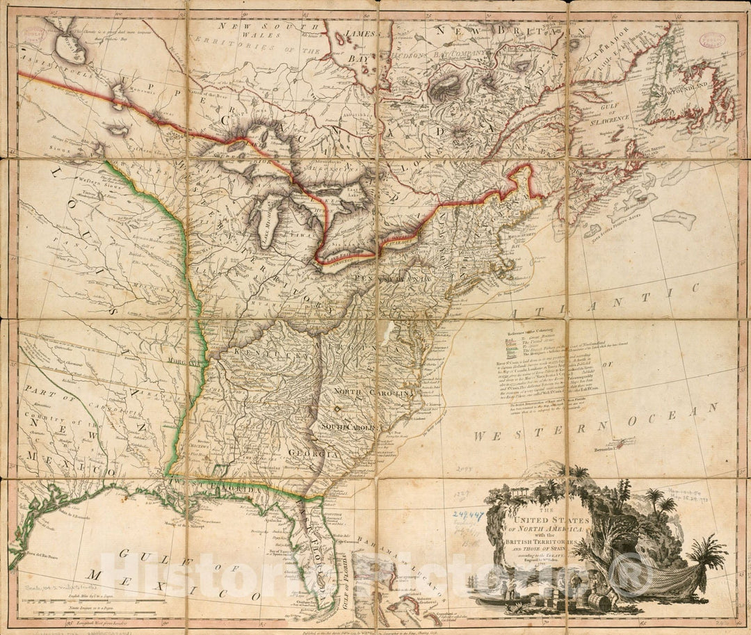 Historical Map, The United States of North America : with The British Territories and Those of Spain According to The Treaty of 1784, Vintage Wall Art