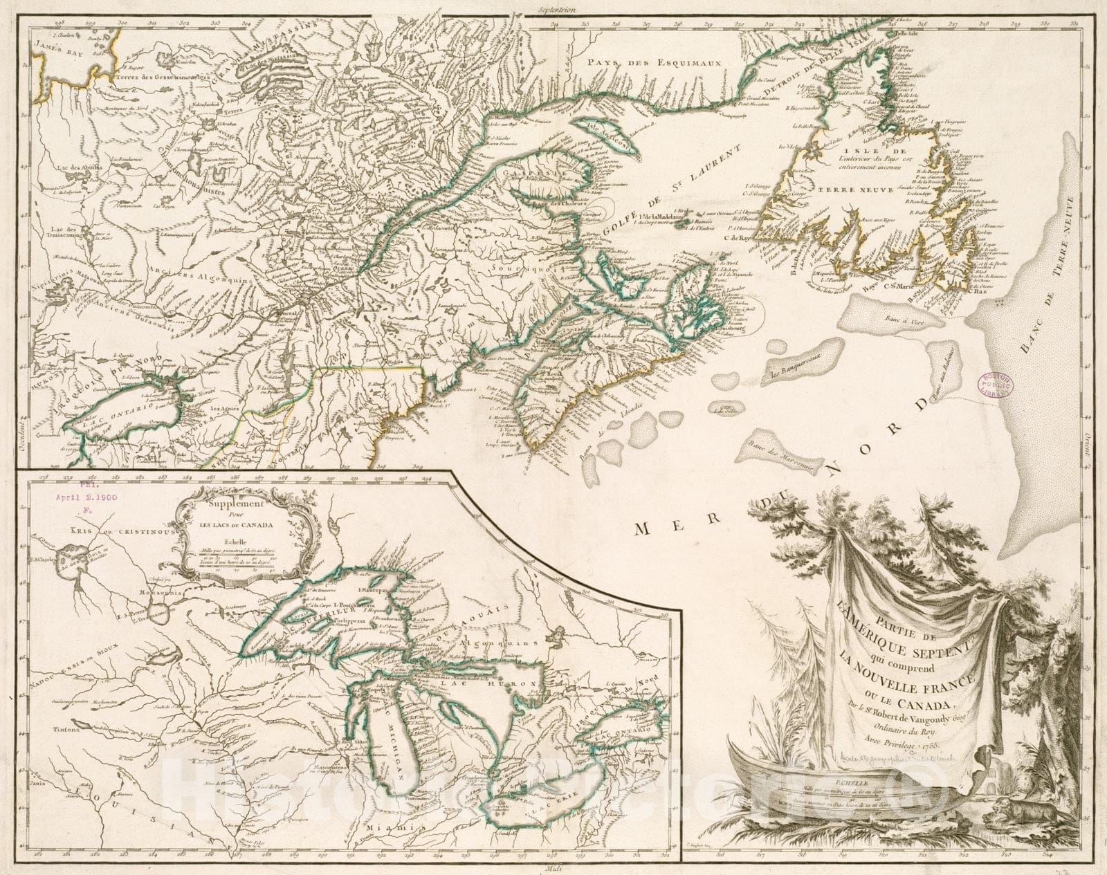 Historical Map, 1755 Partie de l'Amerique septent? qui comprend la Nouvelle France ou le Canada, Vintage Wall Art