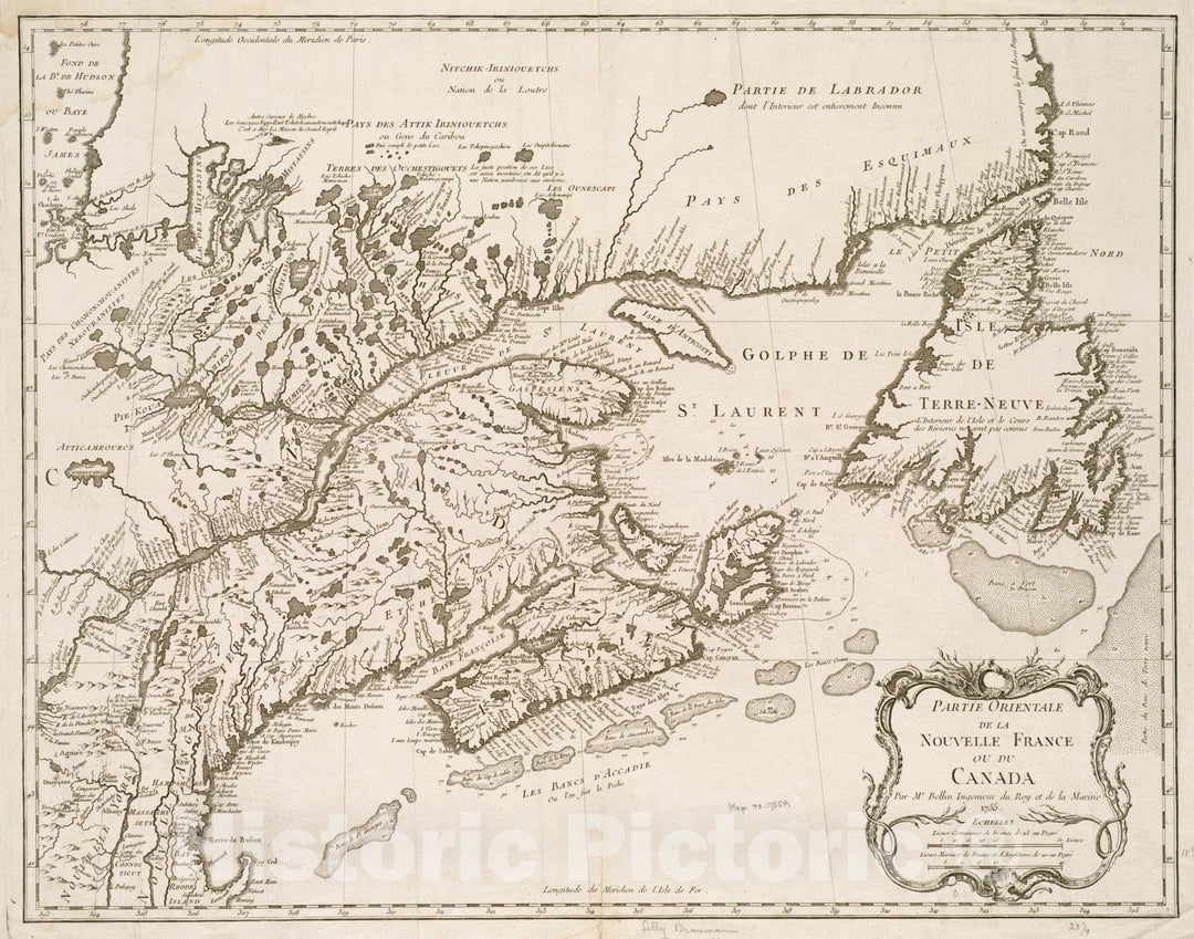 Historical Map, 1755 Partie orientale de la Nouvelle France ou du Canada, Vintage Wall Art