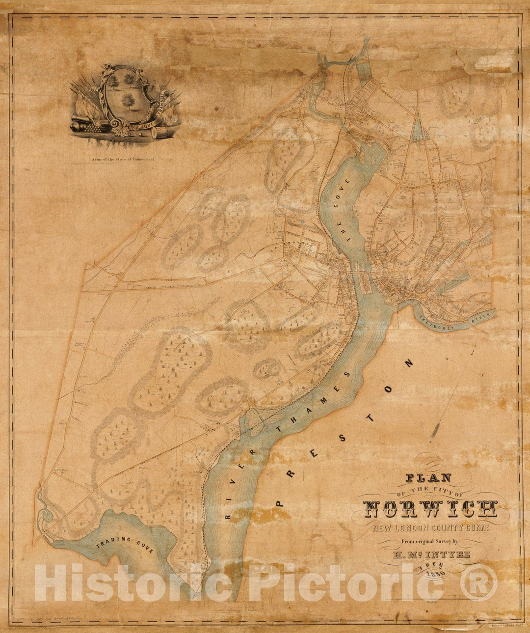 Historical Map, 1850 Plan of The City of Norwich, New London County, Connt, Vintage Wall Art