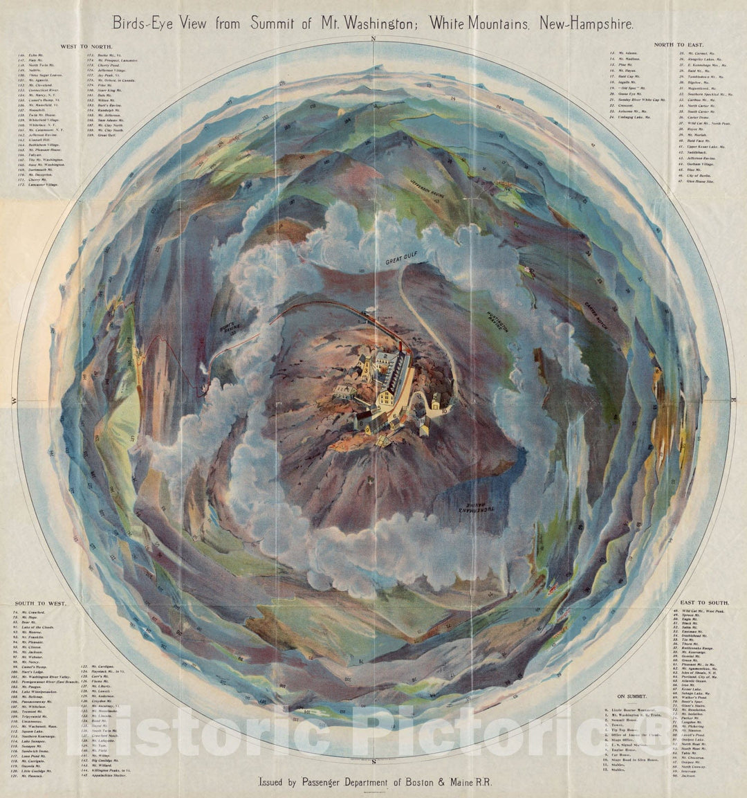 Historical Map, ca. 1902 Birds-eye view from summit of Mt. Washington; White Mountains, New Hampshire, Vintage Wall Art