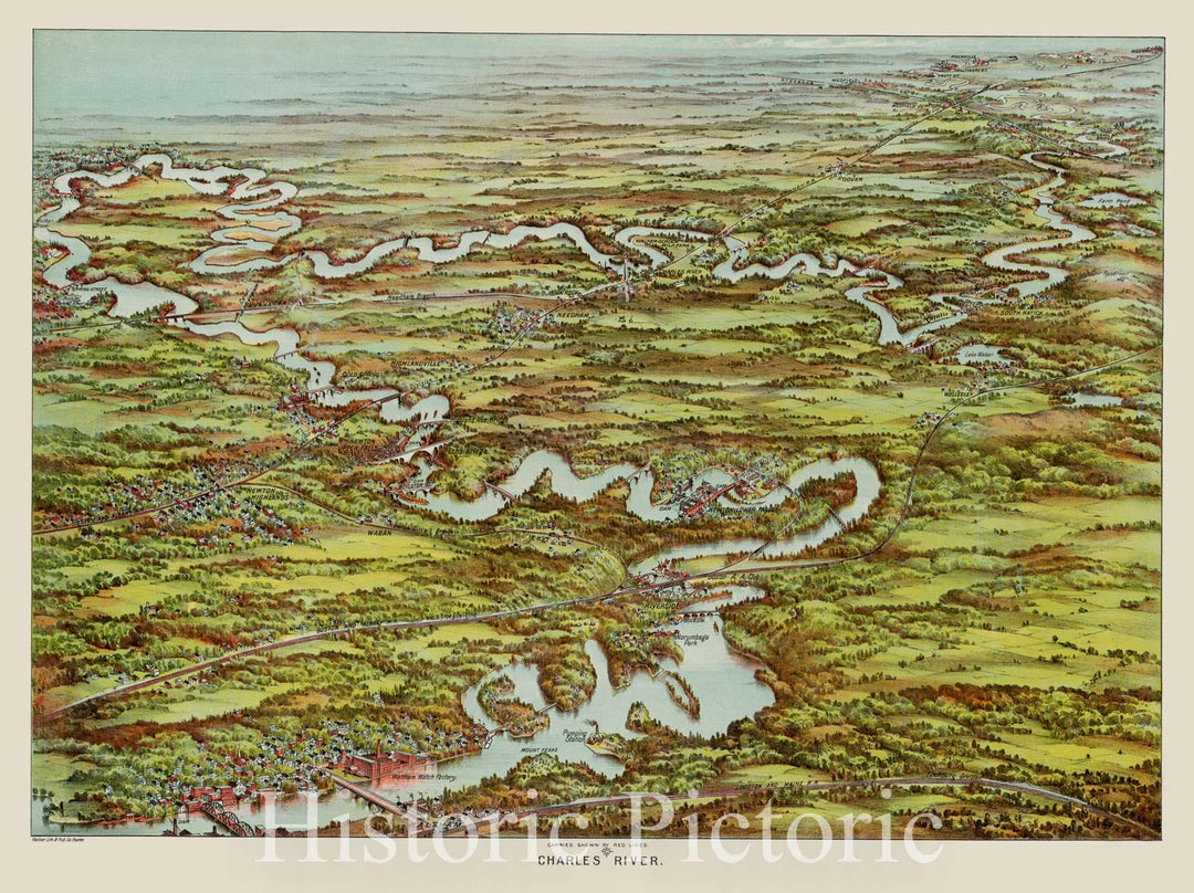 Historical Map, 1900 Charles River : Carries Shown by red Lines, Vintage Wall Art