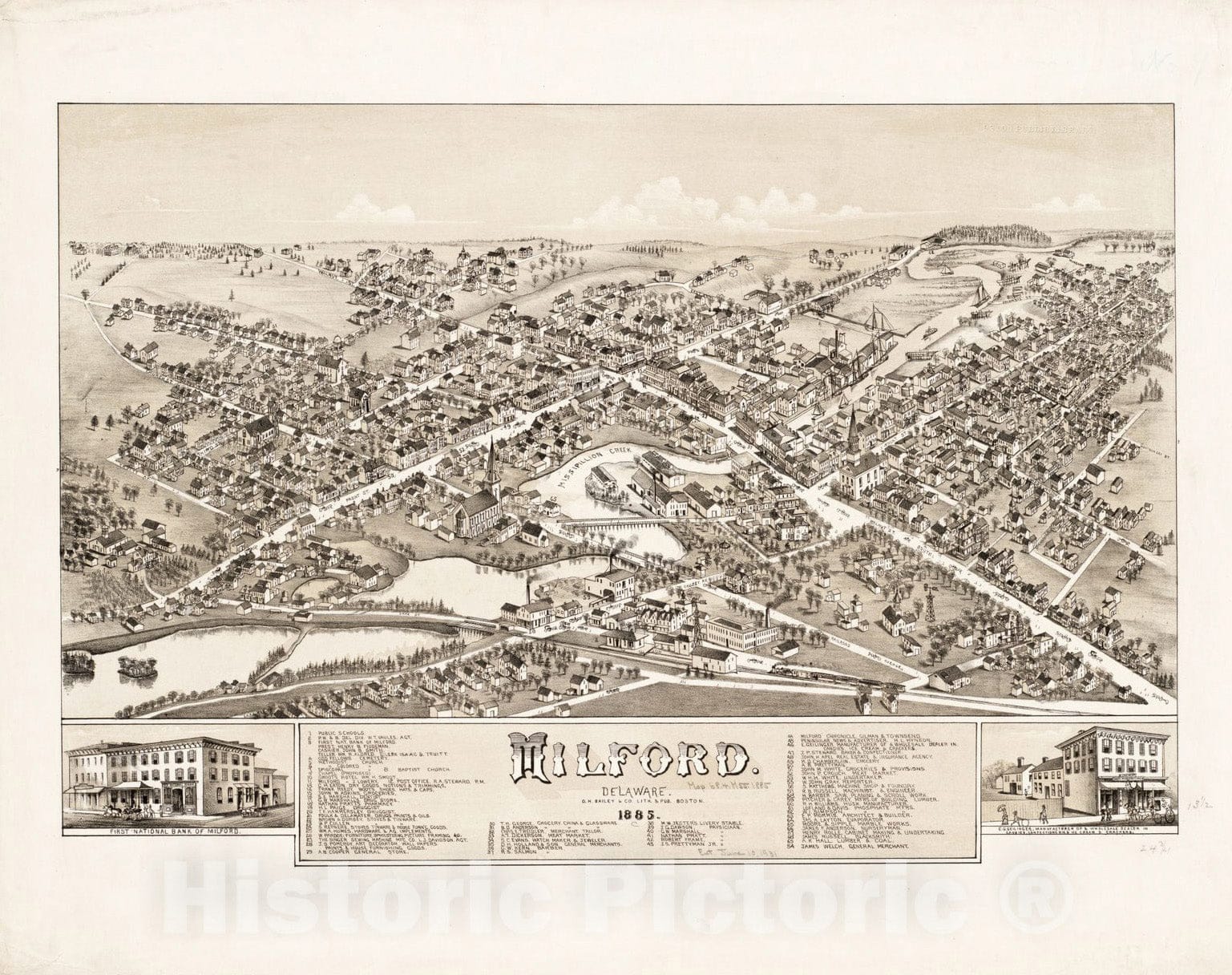 Historical Map, Milford, Delaware : 1885, Vintage Wall Art