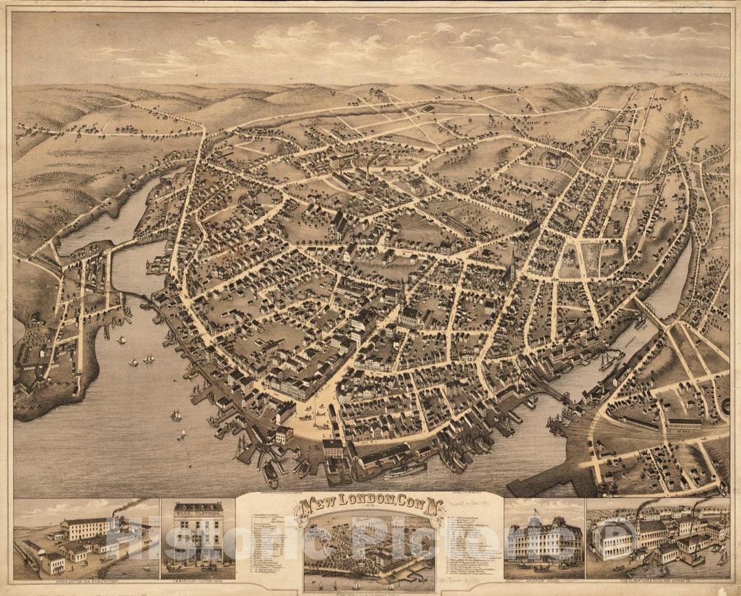 Historical Map, New London, Conn : 1876, Vintage Wall Art