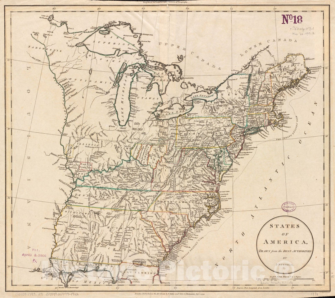 Historical Map, 1799 States of America, Drawn from The Best Authorities, Vintage Wall Art