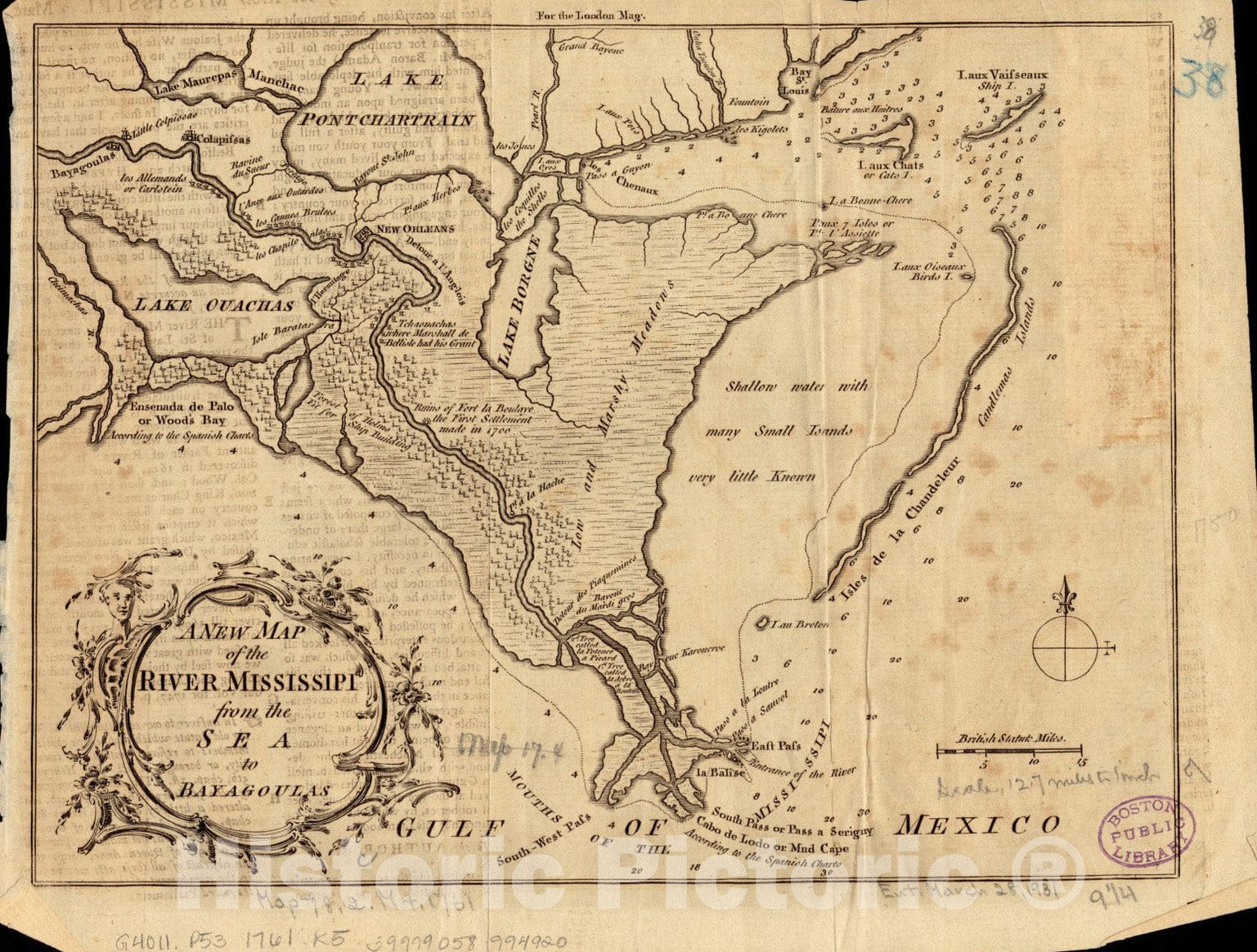 Historical Map, 1761 A New map of The River Mississipi from The sea to Bayagoulas, Vintage Wall Art