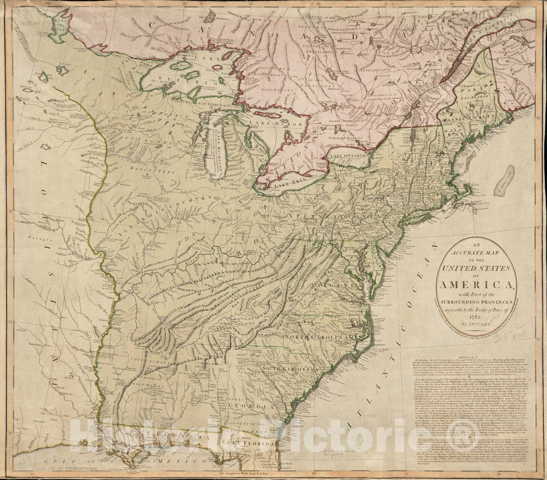 Historical Map, an Accurate map of The United States of America, with pof The Surrounding Provinces Agreeable to The Treaty of Peace of 1783, Vintage Wall Art