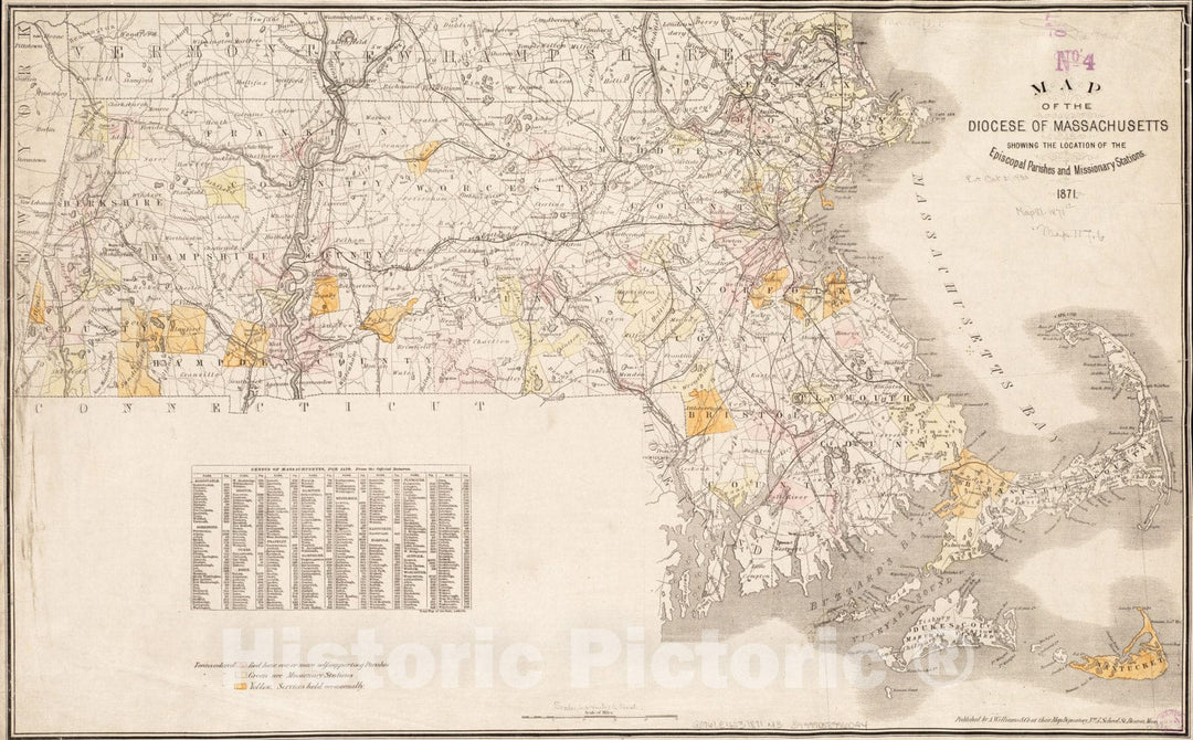 Historical Map, 1871 Map of The Diocese of Massachusetts Showing The Location of The Episcopal parishes and Missionary Stations, Vintage Wall Art