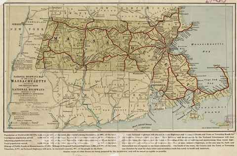 Historical Map, 1914 National Highways map of the state of Massachusetts showing one thousand miles of national highways proposed by the National Highways Association, Washington D.C, Vintage Wall Art