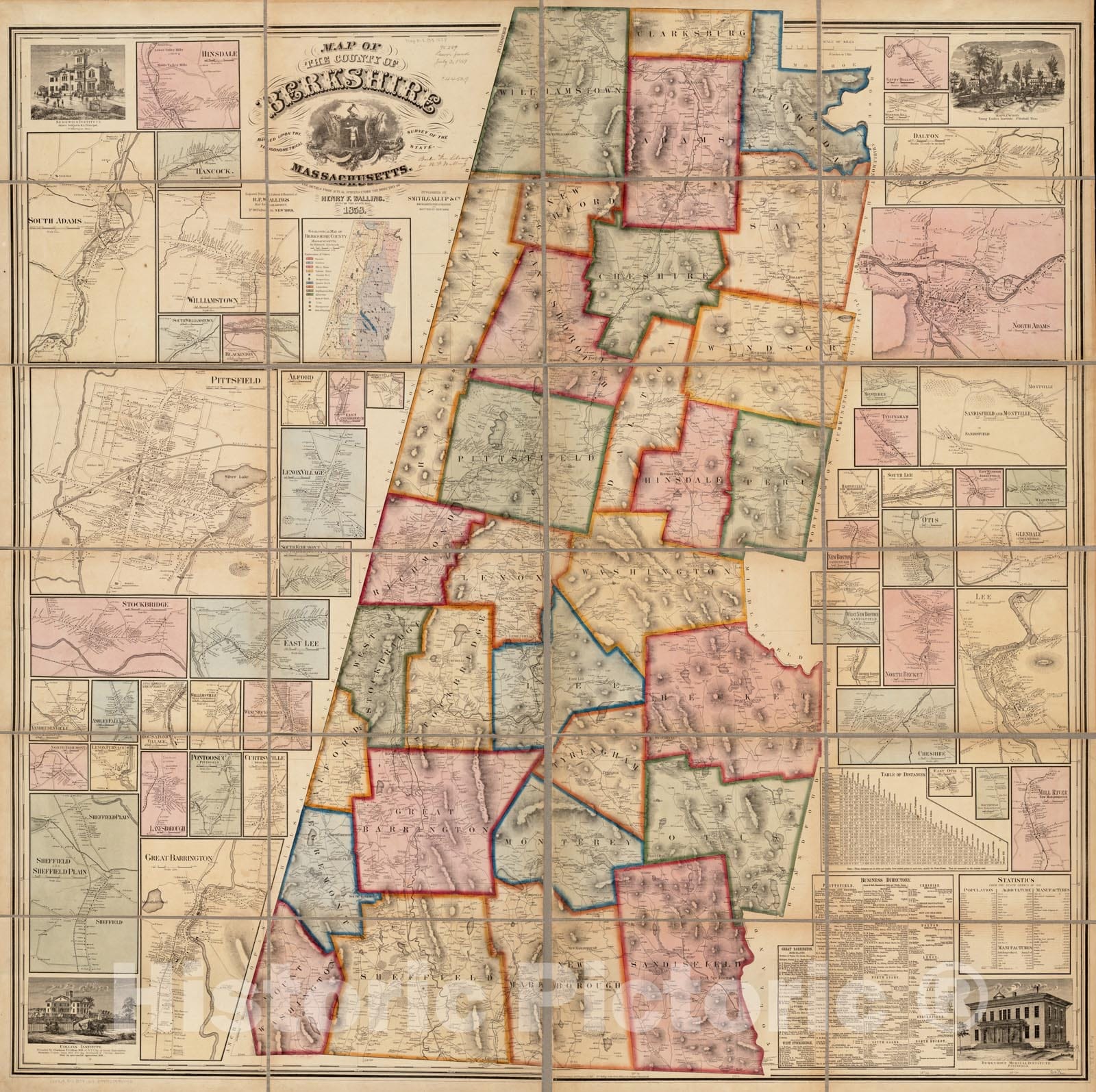 Historical Map, 1858 Map of the county of Berkshire, Massachusetts : based upon the trigonometrical survey of the state, Vintage Wall Art