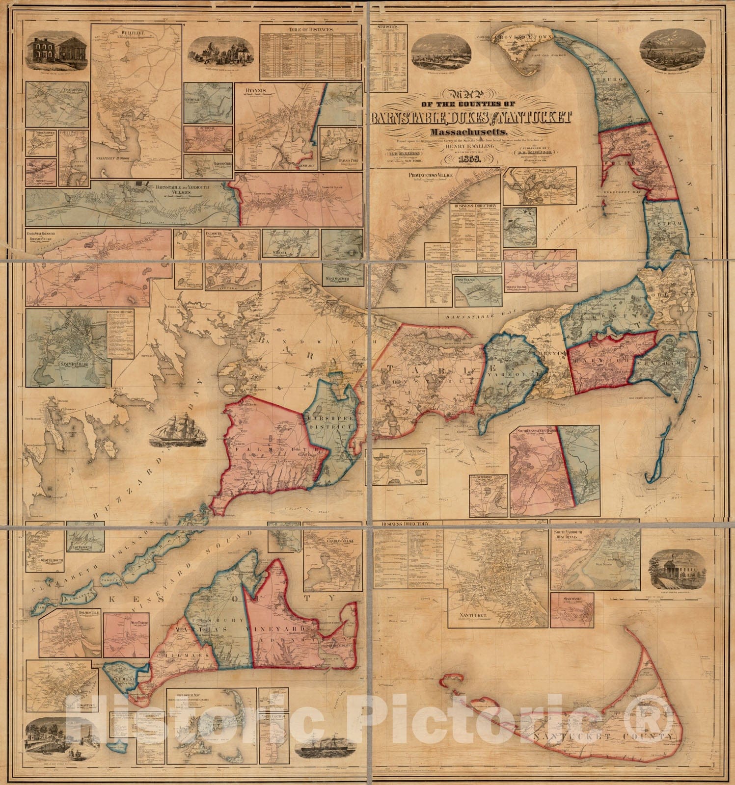 Historical Map, 1858 Map of The Counties of Barnstable, Dukes and Nantucket, Massachusetts : Based Upon The Trigonometrical Survey of The State, Vintage Wall Art