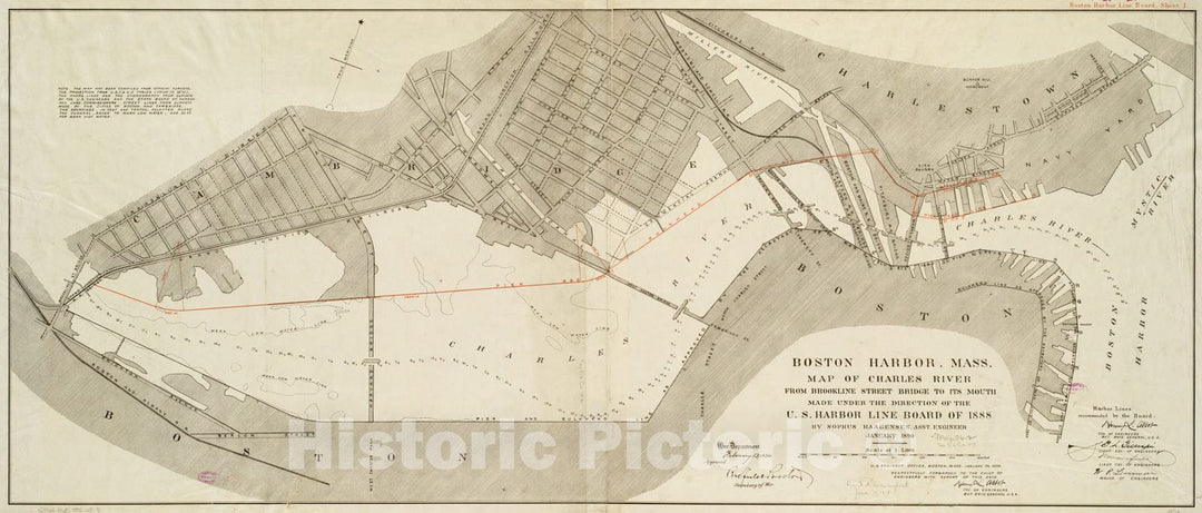 Historical Map, 1890 Boston Harbor, Mass : map of Charles River from Brookline Street Bridge to its Mouth, Vintage Wall Art