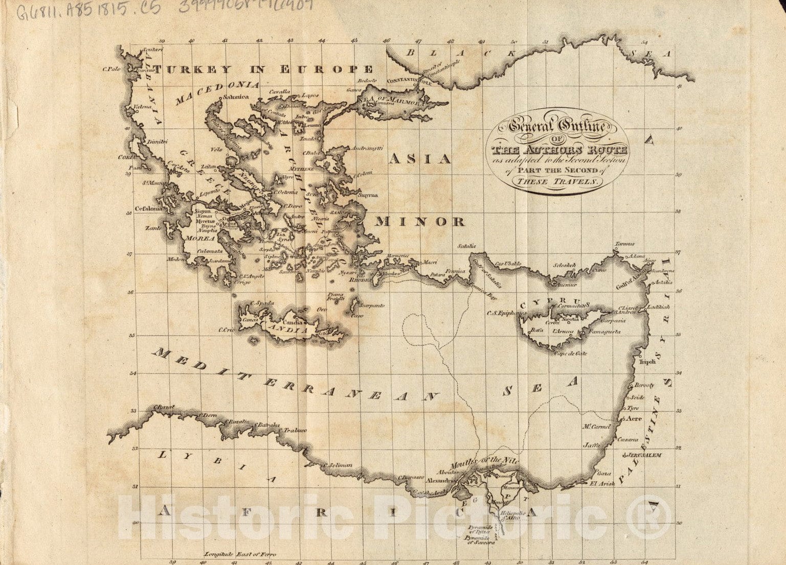 Historical Map, 1815 General Outline of The Authors Route as adapted to The Second Section of Part The Second of These Travels, Vintage Wall Art