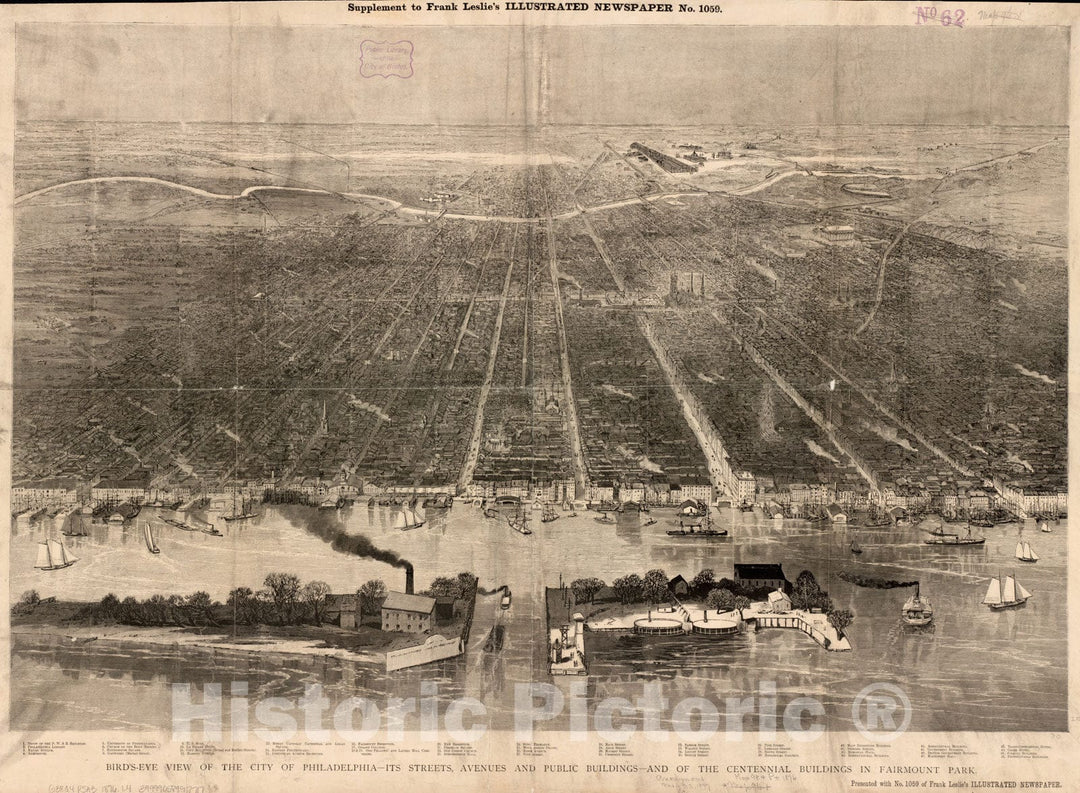 Historical Map, 1876 Bird's-Eye View of The City of Philadelphia : its Streets, Avenues, and Public Buildings-and of The Centennial Buildings in Fairmount Park, Vintage Wall Art