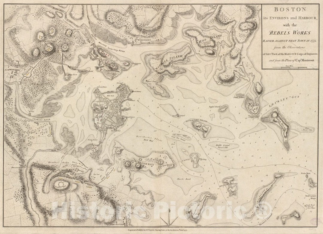 Historical Map, Boston, its Environs and Harbour, with The Rebel Works Raised Against That Town in 1775 : from The observations of Lieut. Page of his majesty's Corps, Vintage Wall Art