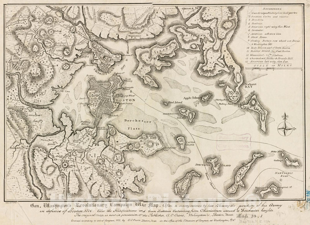 Historical Map, Gen. Washington's Revolutionary Campaign war map : After a Survey Ordered by him Showing The Position of his Army in Defence of Boston, 1776, Vintage Wall Art