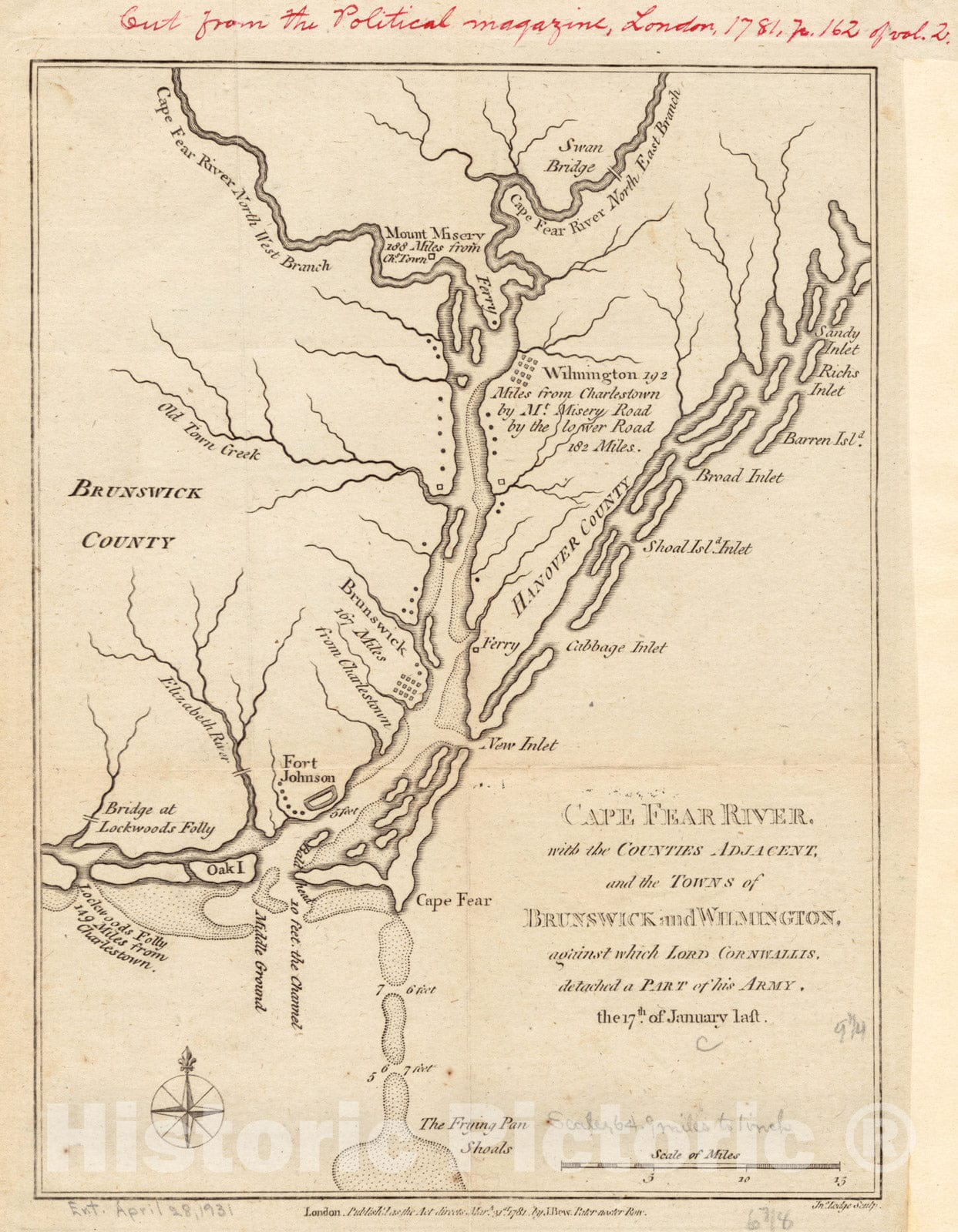 Historical Map, 1781 Cape Fear River, with The Counties Adjacent, and The Towns of Brunswick and Wilmington, Against which Lord Cornwallis, Detached a pof his Army, Vintage Wall Art