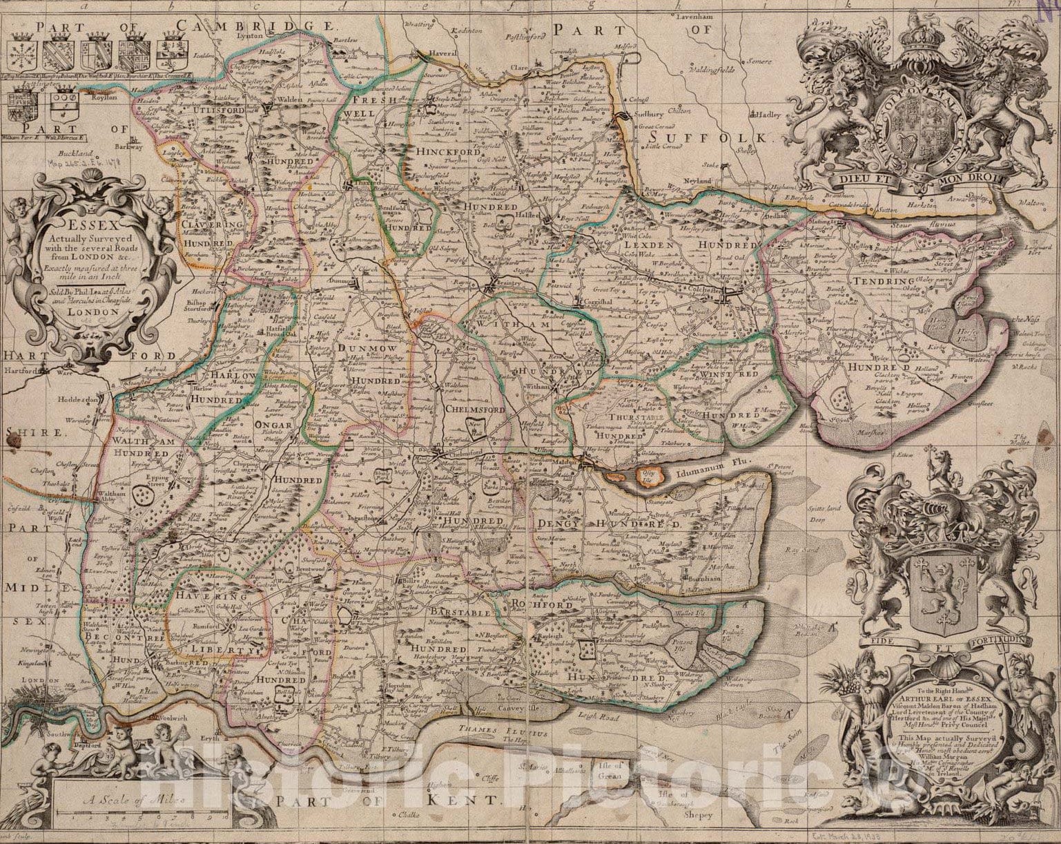 Historical Map, 1678 Essex Actually surveyed with The Several Roads from London et Cetera, Vintage Wall Art