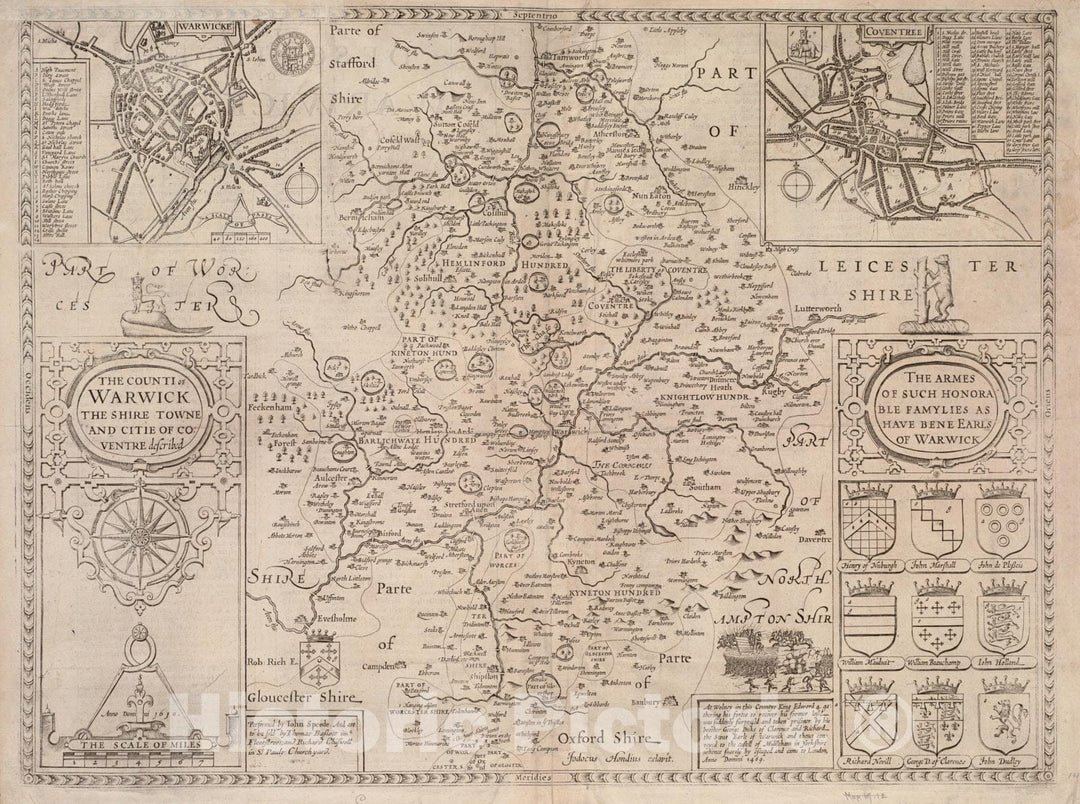 Historical Map, 1676 The counti of Warwick The Shire Towne and citie of Coventre described, Vintage Wall Art