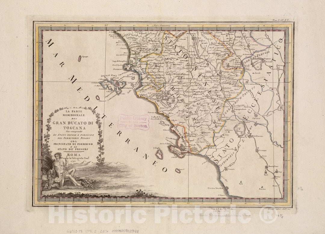 Historical Map, 1792 The Southern Part of Tuscany: which Includes The Sienese State and Portion of The Pisan Territory with The Principality of Piombino, Vintage Wall Art