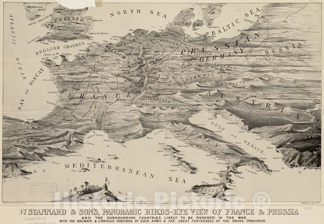 Historical Map, 1870 Stannard & Son's, Panoramic Birds-Eye View of France & Prussia and The Surrounding Countries Likely to be Involved in The War, with The Railways, Vintage Wall Art