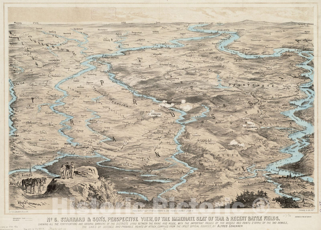 Historical Map, 1870 Stannard & Son's, perspective view, of the immediate seat of war & recent battle fields, shewing all the fortifications, Vintage Wall Art