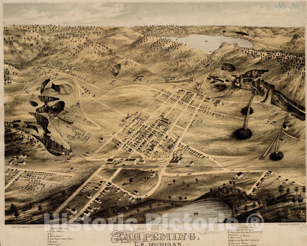 Historical Map, Bird's Eye View of Ishpeming, L.S, Michigan : 1871, Vintage Wall Art