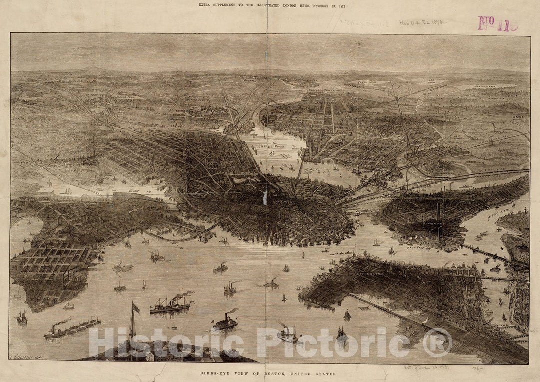 Historical Map, 1870-1879 Bird's-Eye View of Boston, United States, Vintage Wall Art