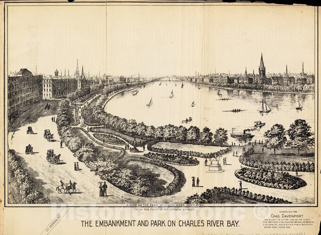 Historical Map, 1886 The Embankment and Park on Charles River Bay, Vintage Wall Art