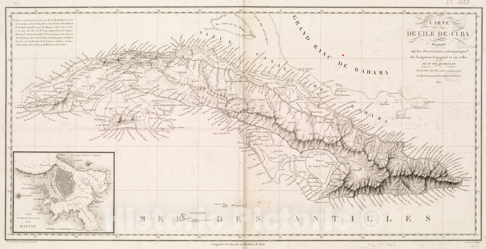 Historical Map, 1820 Carte de l'ile de Cuba, Vintage Wall Art