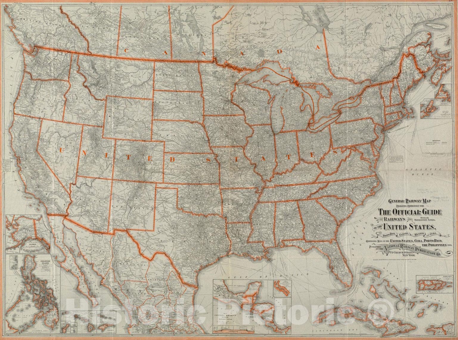 Historical Map, 1918 General Railway map Engraved expressly for The Official Guide of The Railways and steam Navigation Lines of The United States, Porto Rico, Canada, Vintage Wall Art