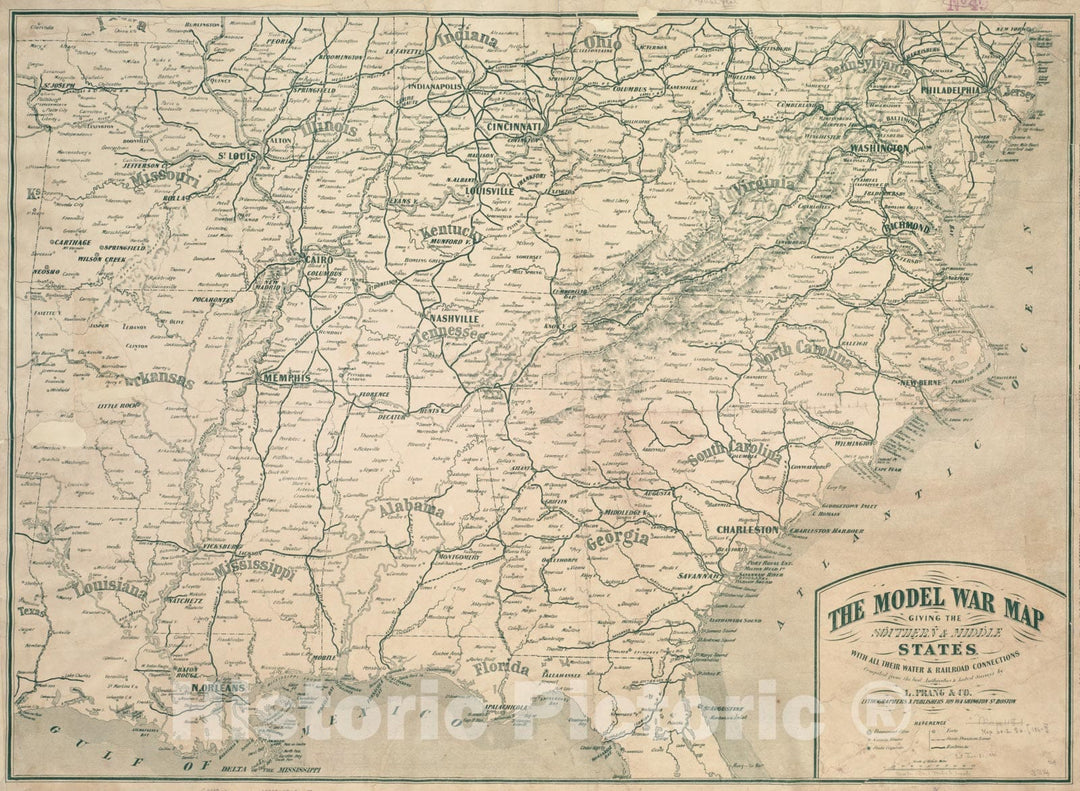 Historical Map, 1862 The model war map giving the southern & middle states, with all their water & railroad connections, Vintage Wall Art