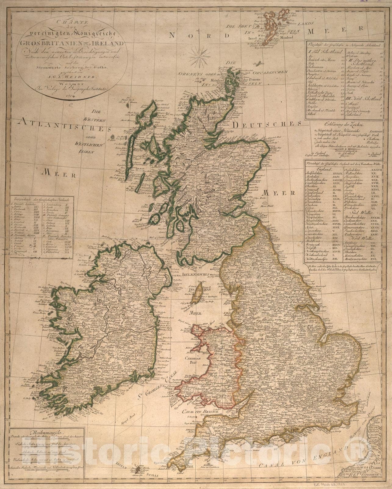 Historical Map, 1804 Charte der vereinigten KoIË†nigreiche Grosbritanien und Ireland : nach den neuesten Berichtigungen und Astronomischen Ortsbesti[m] mungen entworfen auf, Vintage Wall Art