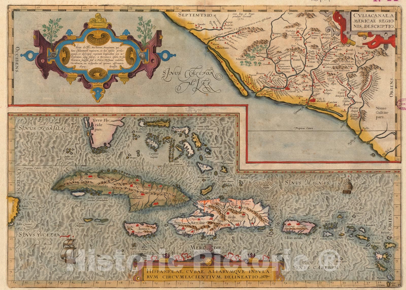 Historical Map, 1579 Culiacanae, Americae regionis, descriptio : Hispaniolae, Cubae, aliarumque insularum circumiacientium, delineatio, Vintage Wall Art