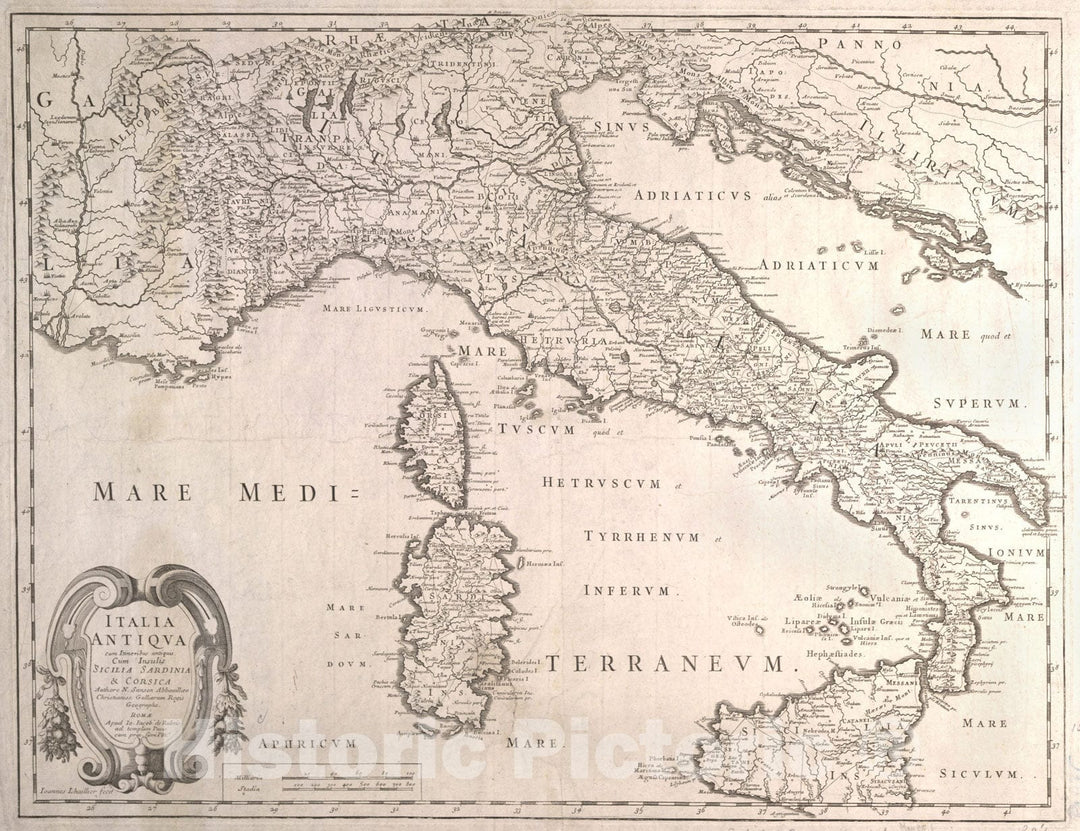 Historical Map, 1650 Italia Antiqua, Cum itineribus antiquis, Cum insulis Sicilia, Sardinia & Corsica, Vintage Wall Art