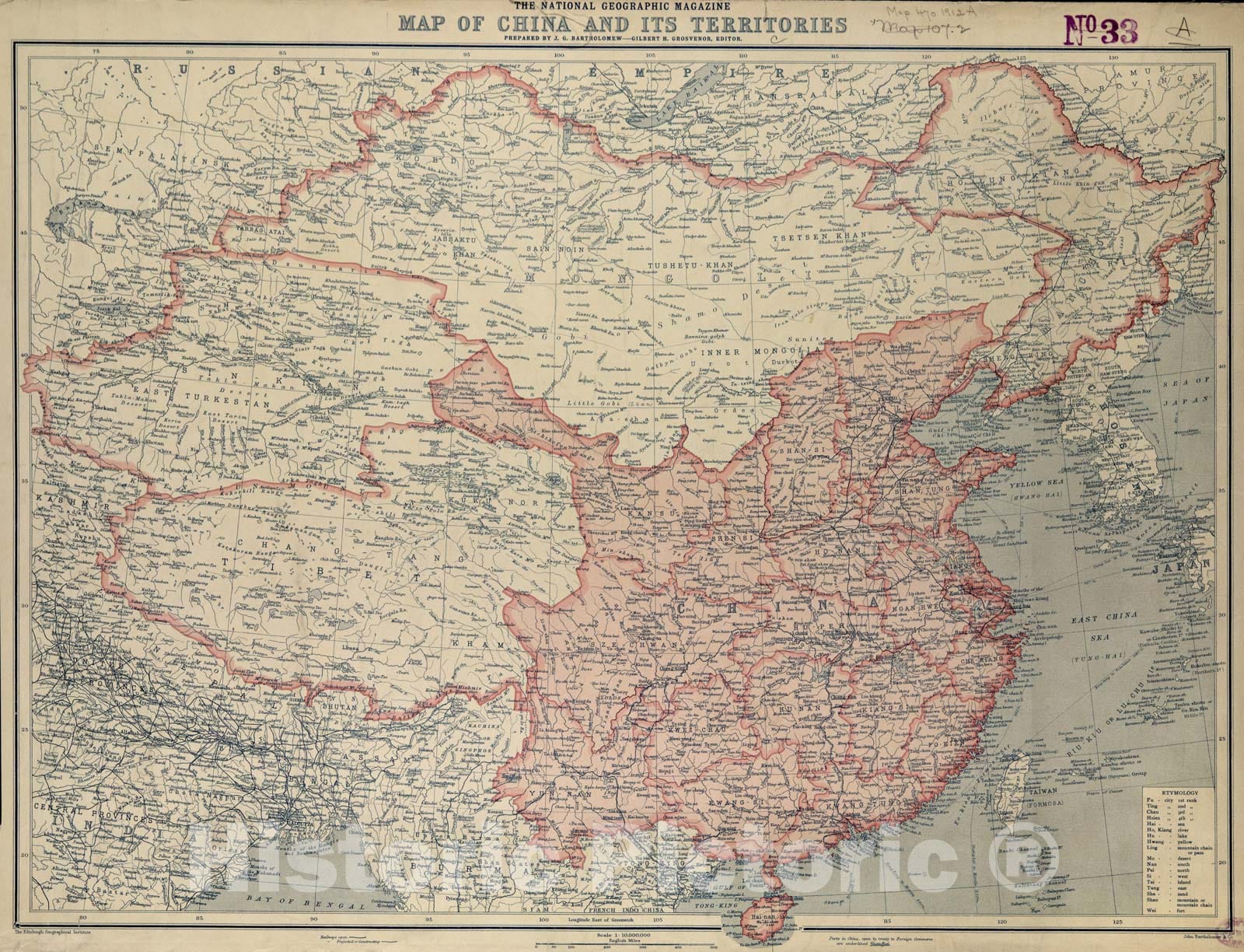 Historical Map, 1912 National Geographic Magazine map of China and its Territories, Vintage Wall Art