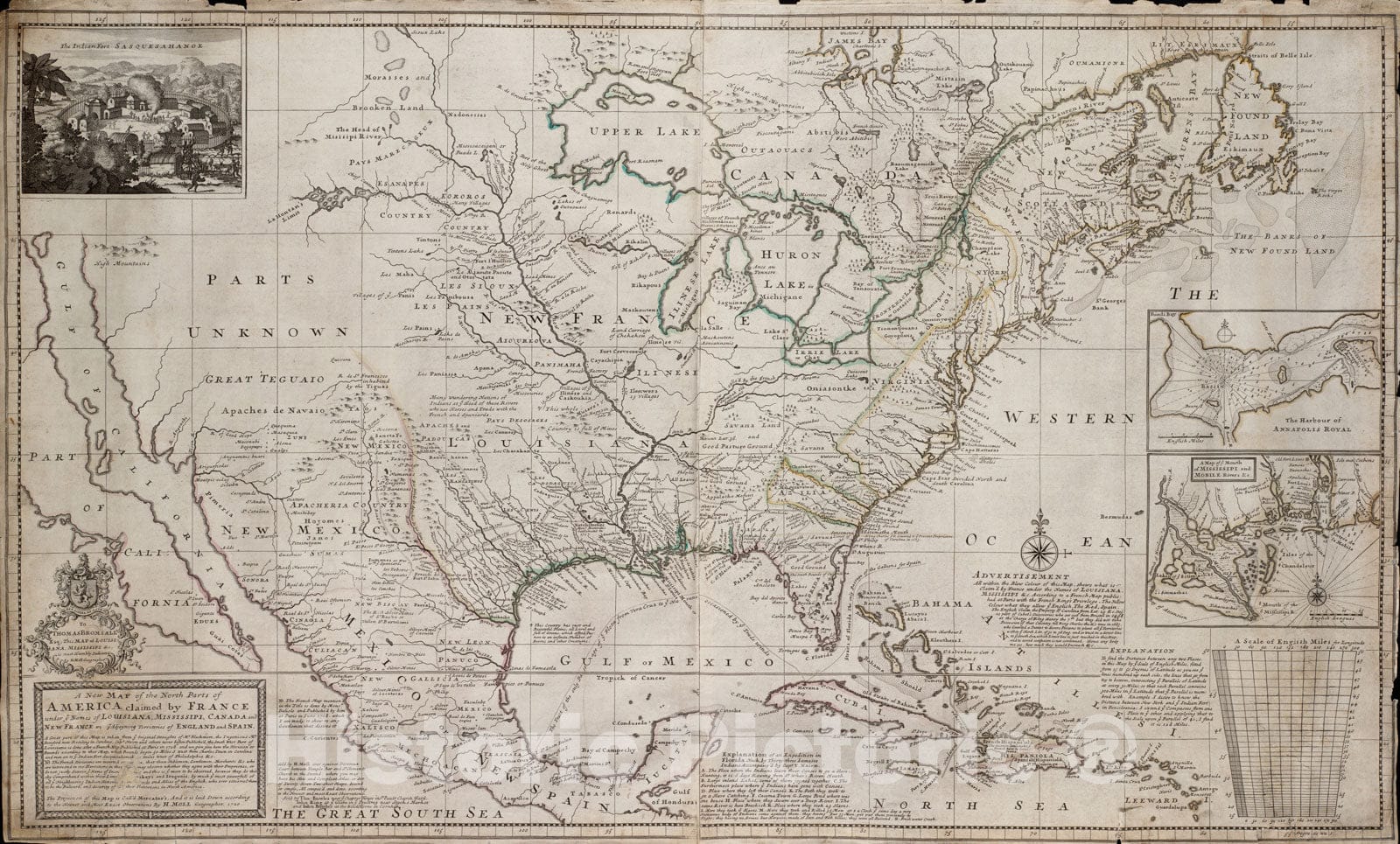 Historical Map, 1720 A New map of The North Parts of America Claimed by France Under ye Names of Louisiana, Mississipi, Canada, and New France, Vintage Wall Art