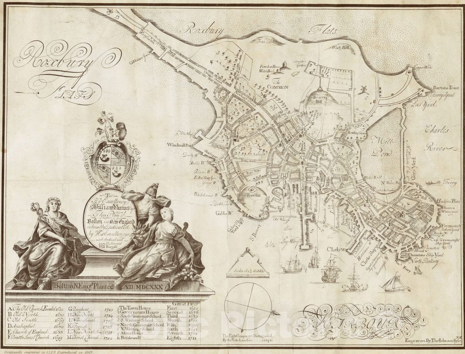 Historical Map, 1869 to His Excellency William Burnet, Esqr, This Plan of Boston in New England is Humbly Dedicated, Vintage Wall Art