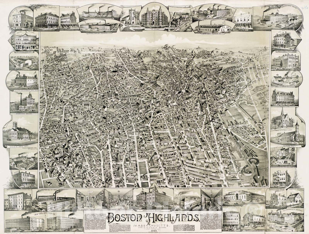 Historical Map, Boston Highlands, Massachusetts : Wards 19, 20, 21 & 22 of Boston, Vintage Wall Art