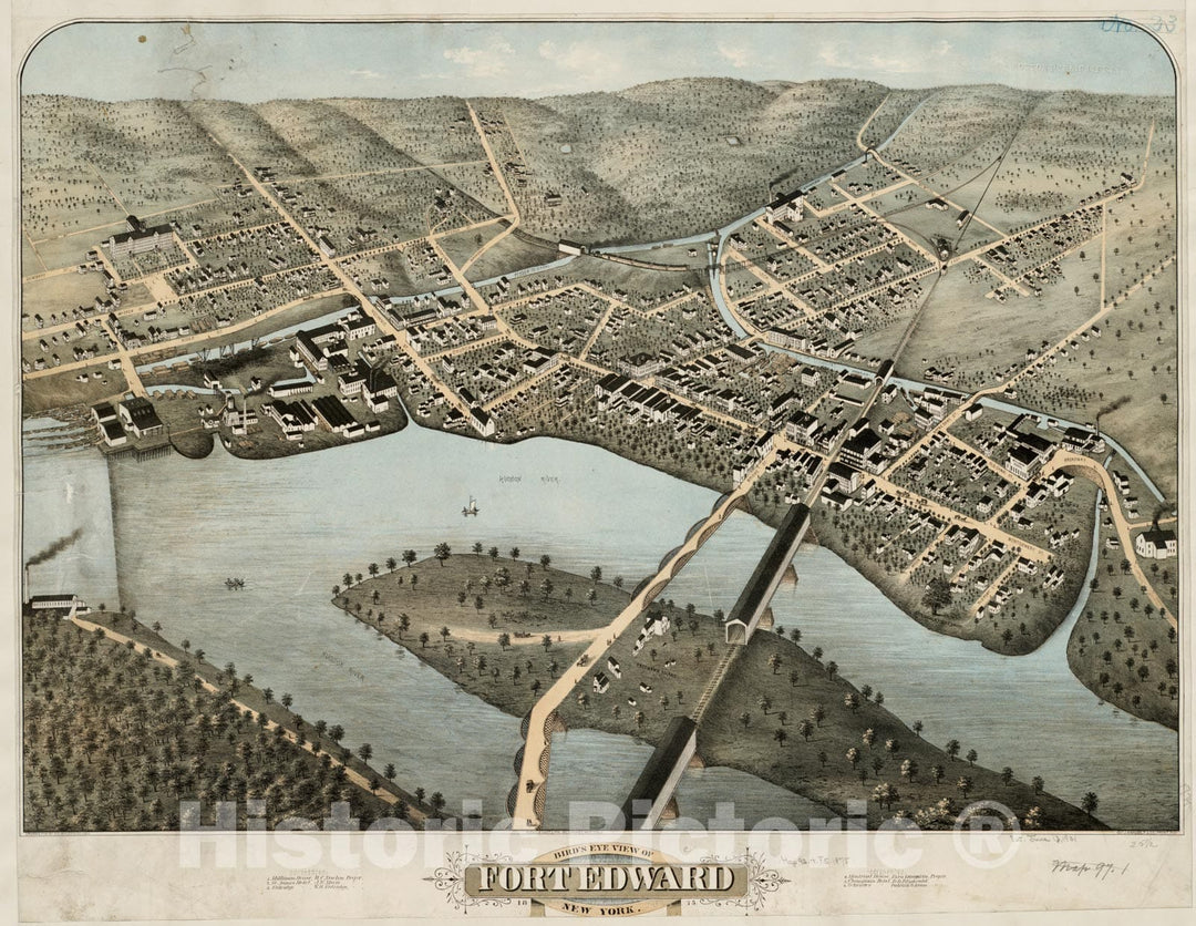 Historical Map, Bird's Eye View of Fort Edward, New York : 1875, Vintage Wall Art